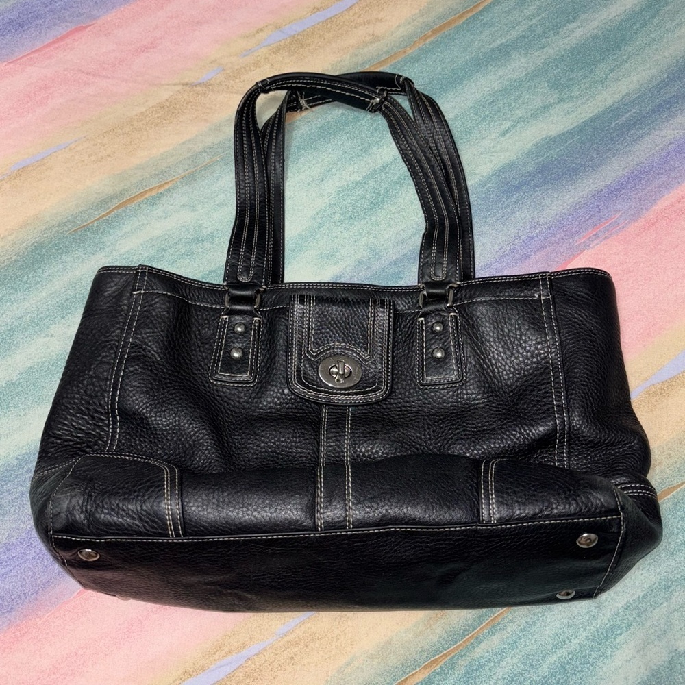 Coach Hampton Turn Lock Black Pebbled Leather Satchel - Picture 2 of 11